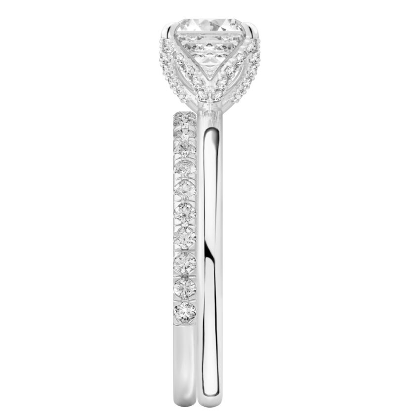 Side view of asscher cut diamond pave petal prong engagement ring set white gold