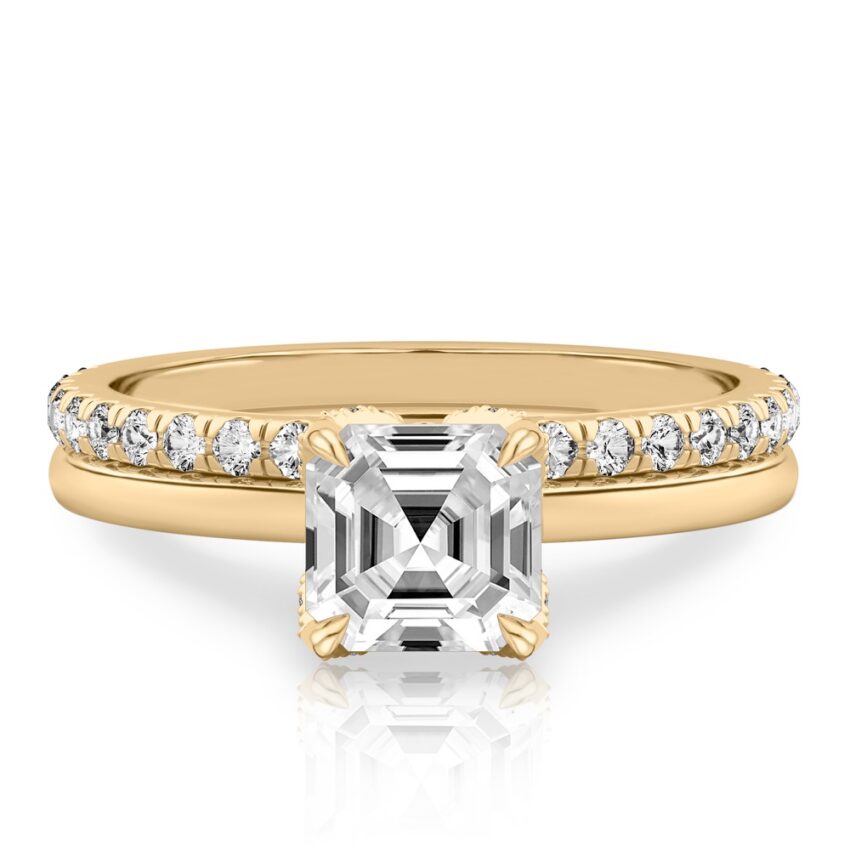 asscher cut diamond pave petal prong engagement ring set yellow gold