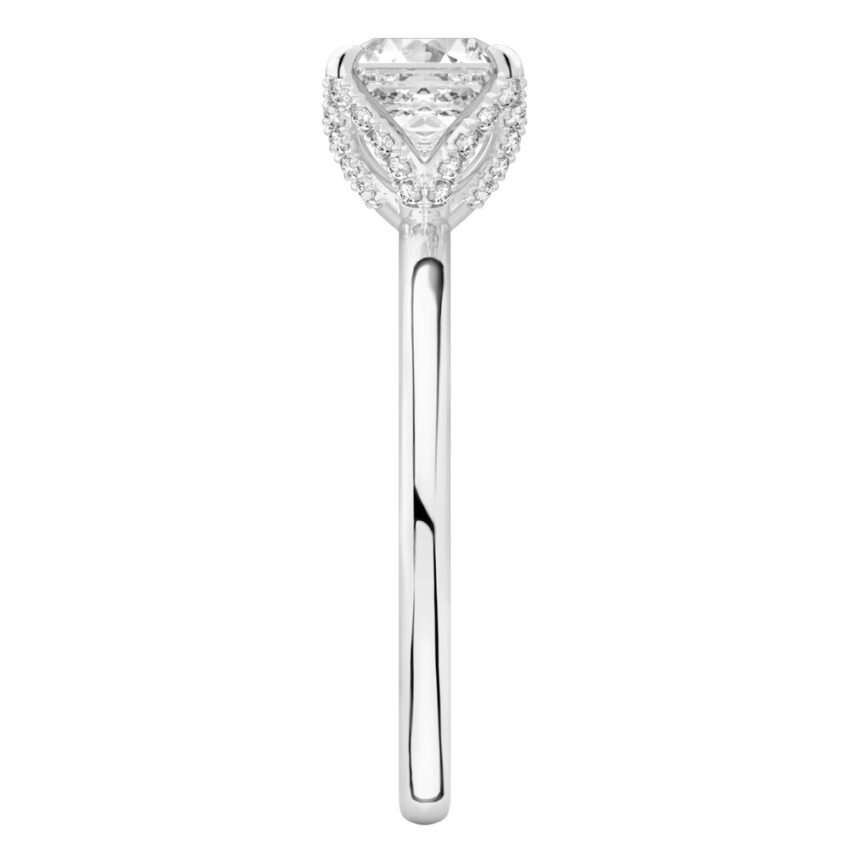 Side view of asscher cut diamond pave petal prong engagement ring in white gold