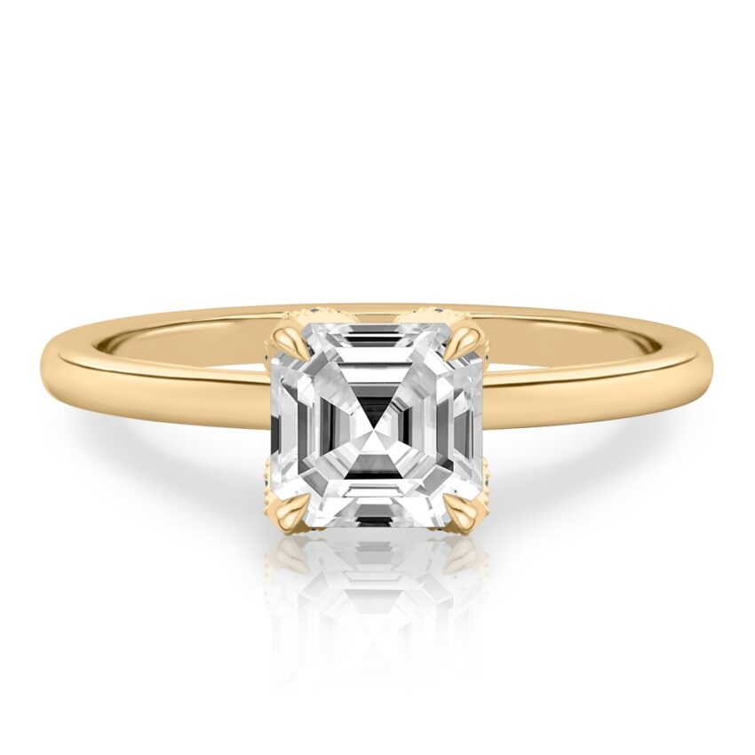 asscher cut diamond pave petal prong engagement ring in yellow gold