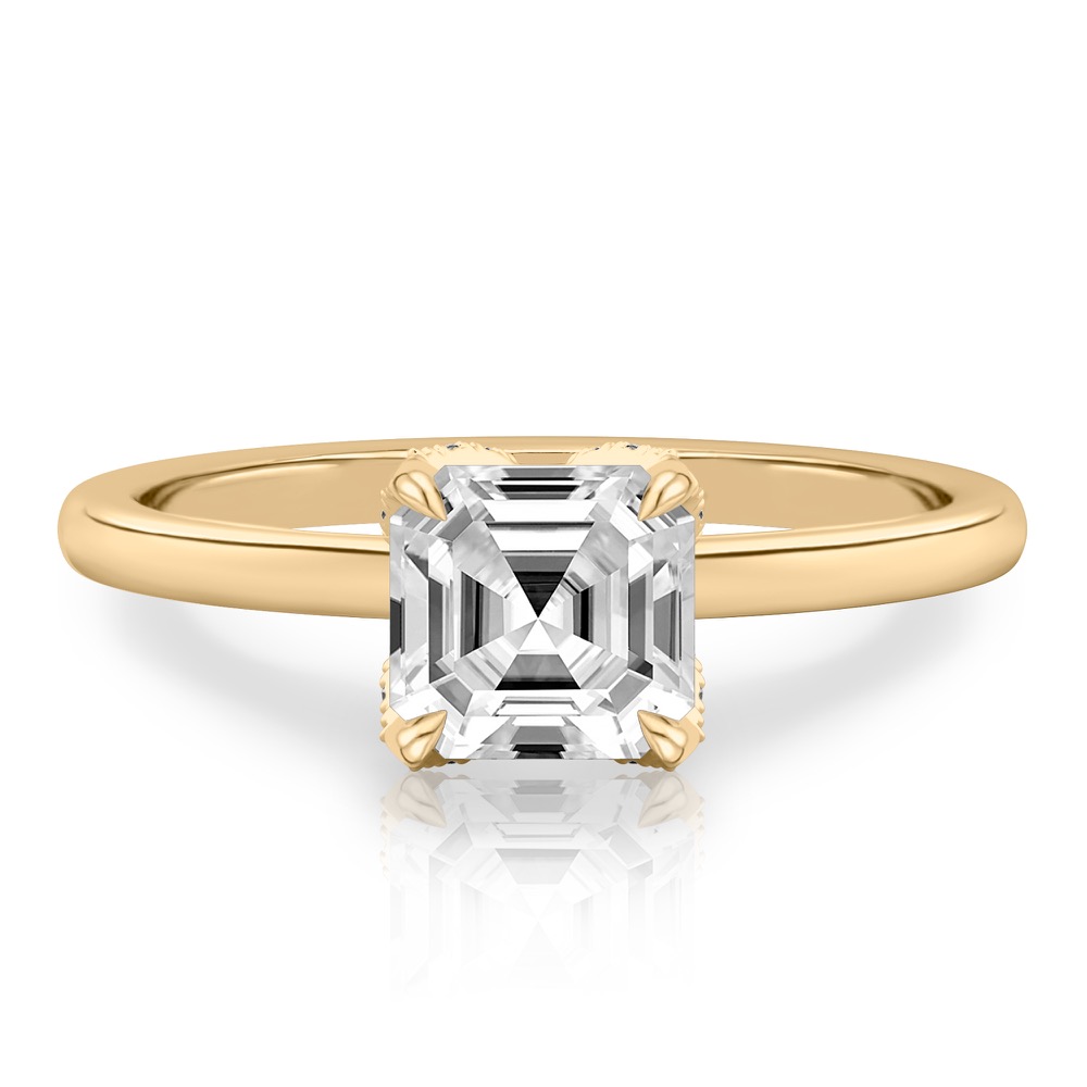 asscher cut diamond pave petal prong engagement ring in yellow gold
