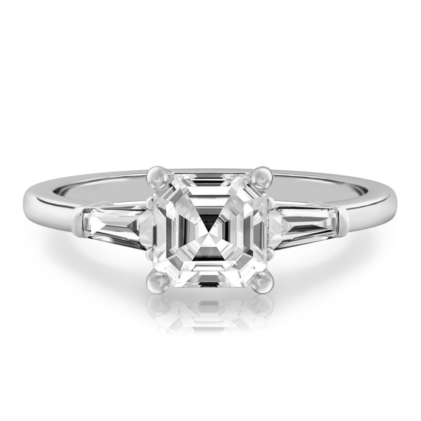 asscher cut diamond tapered baguette engagement ring in platinum