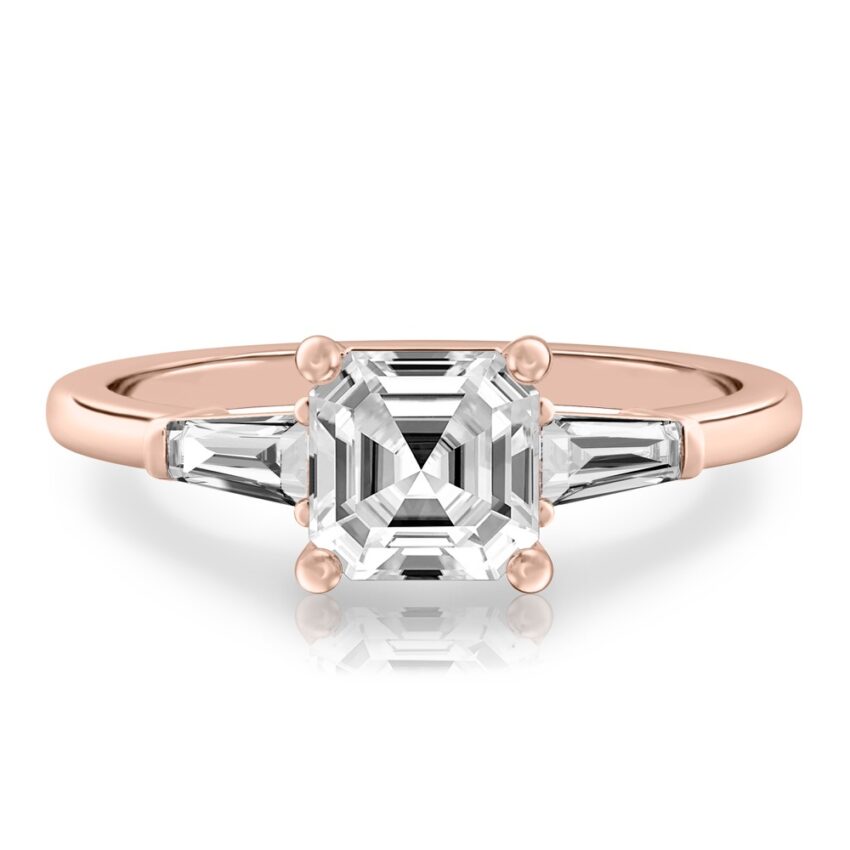 asscher cut diamond tapered baguette engagement ring in rose gold