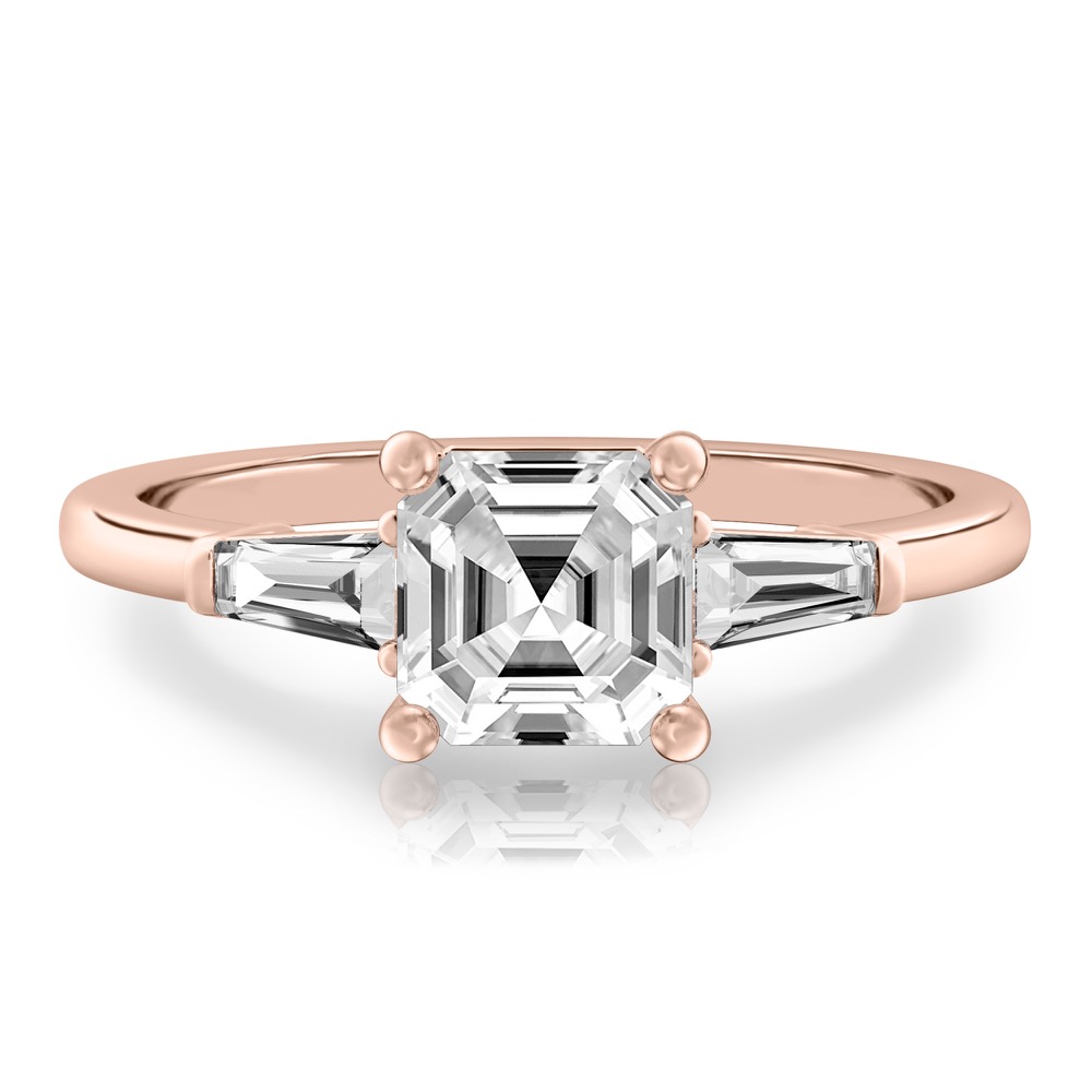 asscher cut diamond tapered baguette engagement ring in rose gold