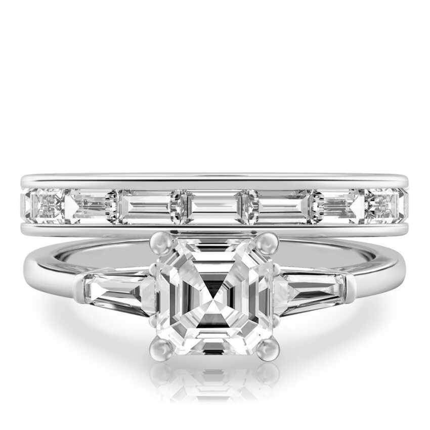 asscher cut diamond tapered baguette engagement ring set platinum