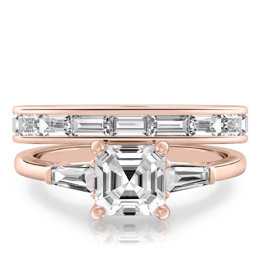 asscher cut diamond tapered baguette engagement ring set rose gold