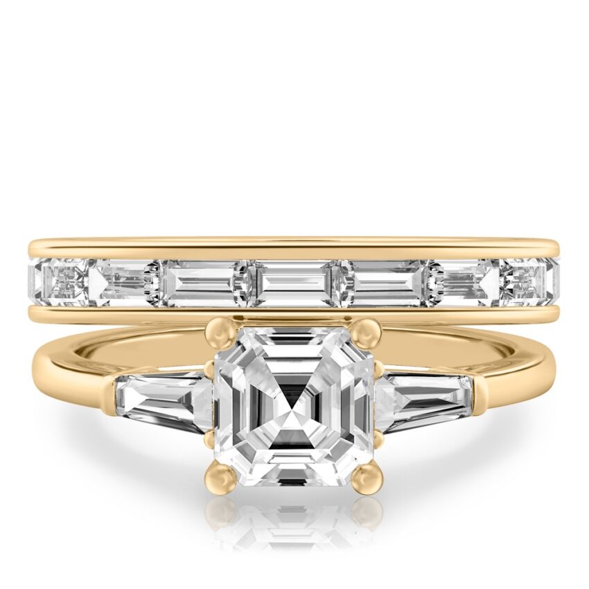 asscher cut diamond tapered baguette engagement ring set yellow gold