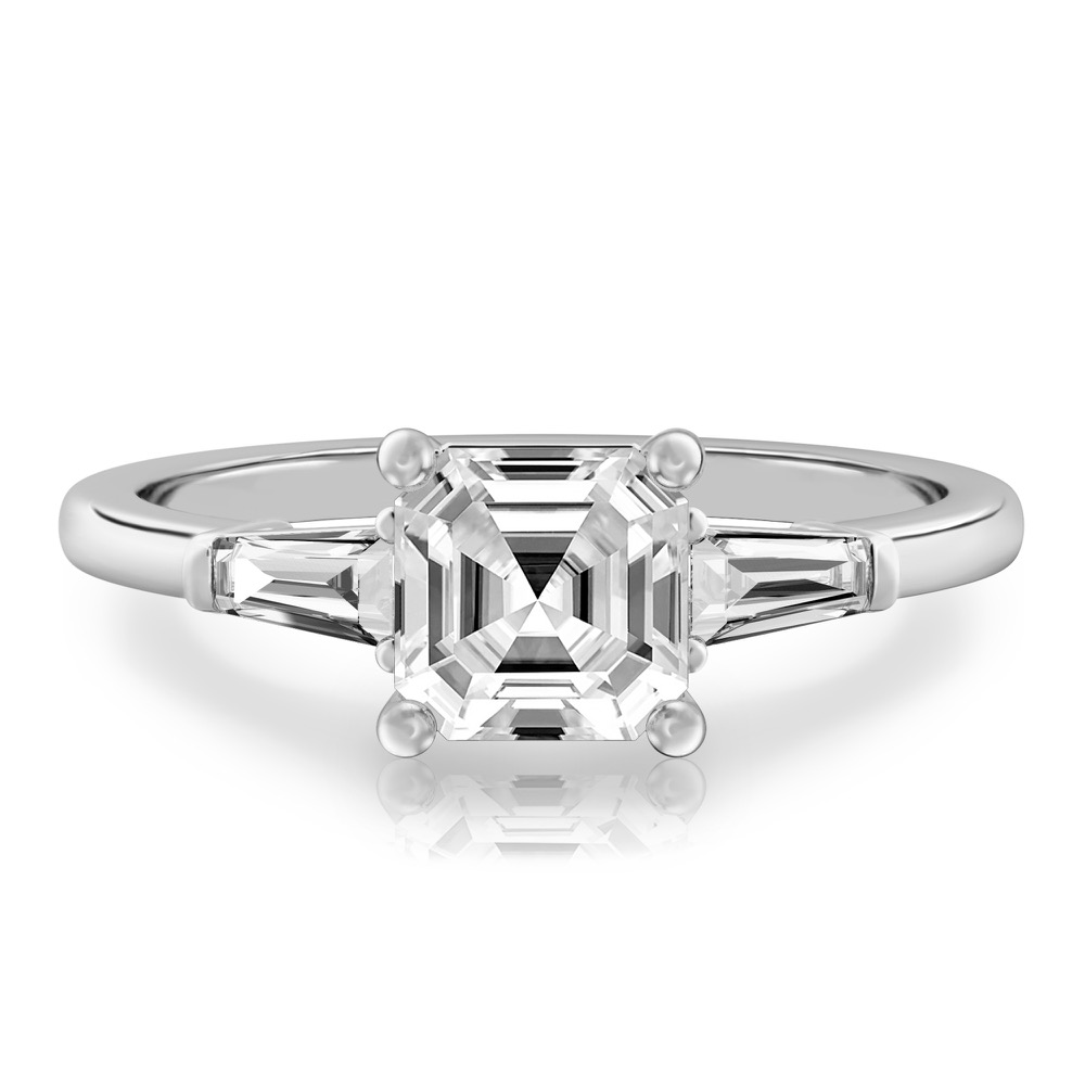 asscher cut diamond tapered baguette engagement ring in white gold
