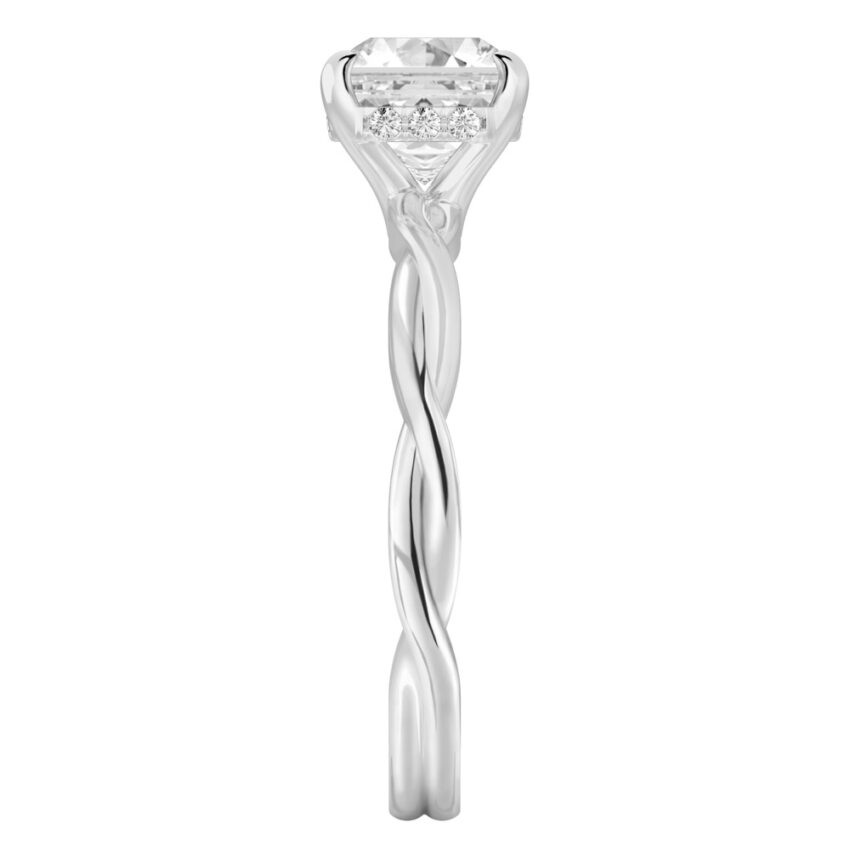 Side view of asscher cut diamond twisted hidden halo engagement ring in palladium