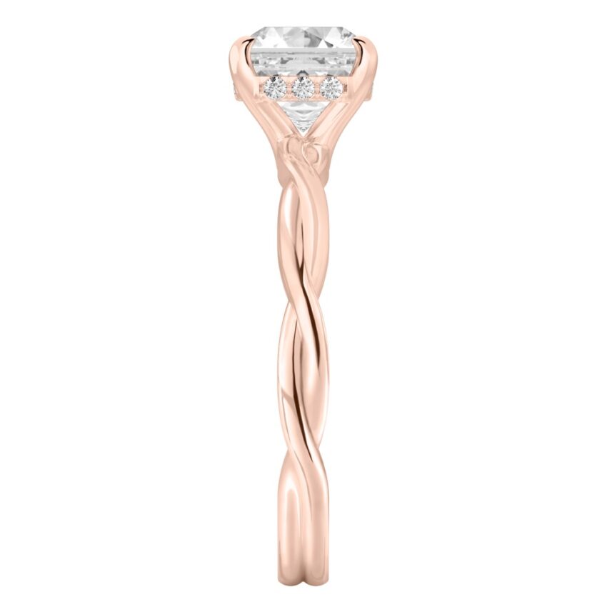 Side view of asscher cut diamond twisted hidden halo engagement ring in rose gold