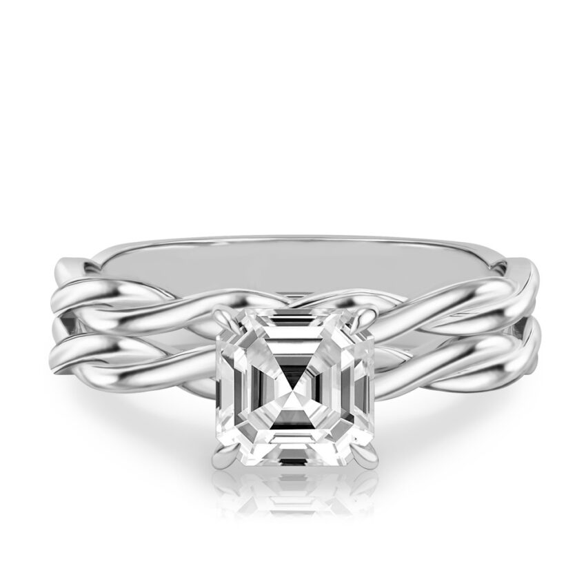 asscher cut diamond twisted hidden halo engagement ring set platinum