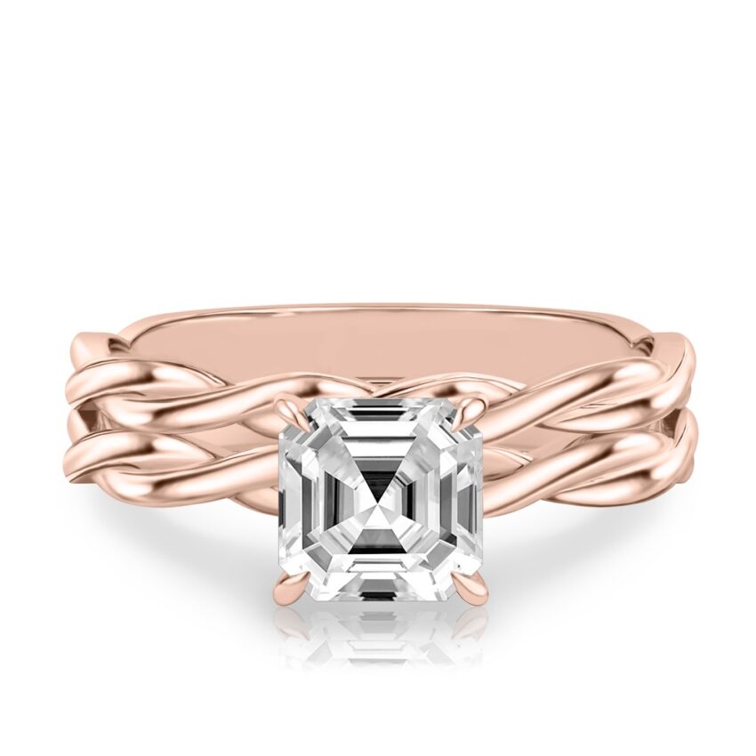 asscher cut diamond twisted hidden halo engagement ring set rose gold