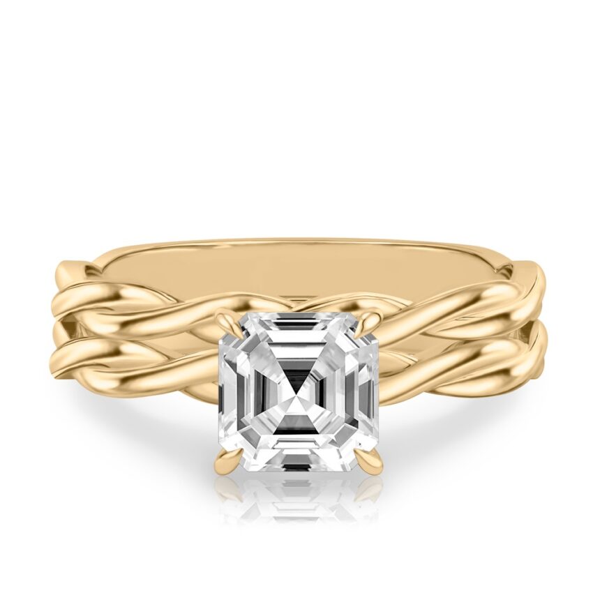 asscher cut diamond twisted hidden halo engagement ring set yellow gold