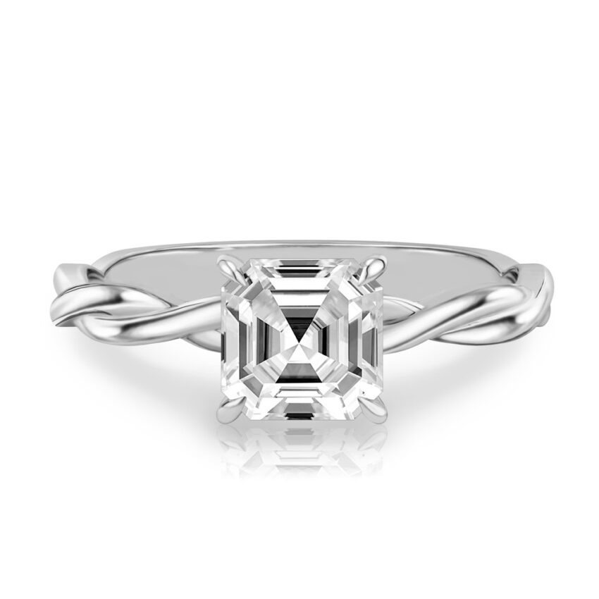 asscher cut diamond twisted hidden halo engagement ring in white gold