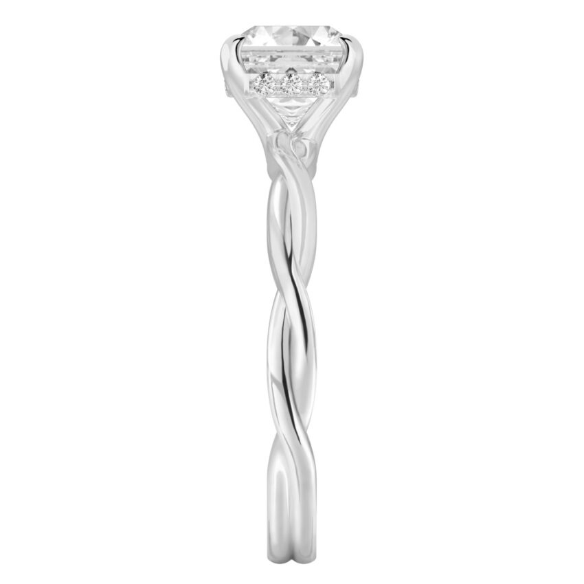 Side view of asscher cut diamond twisted hidden halo engagement ring in white gold