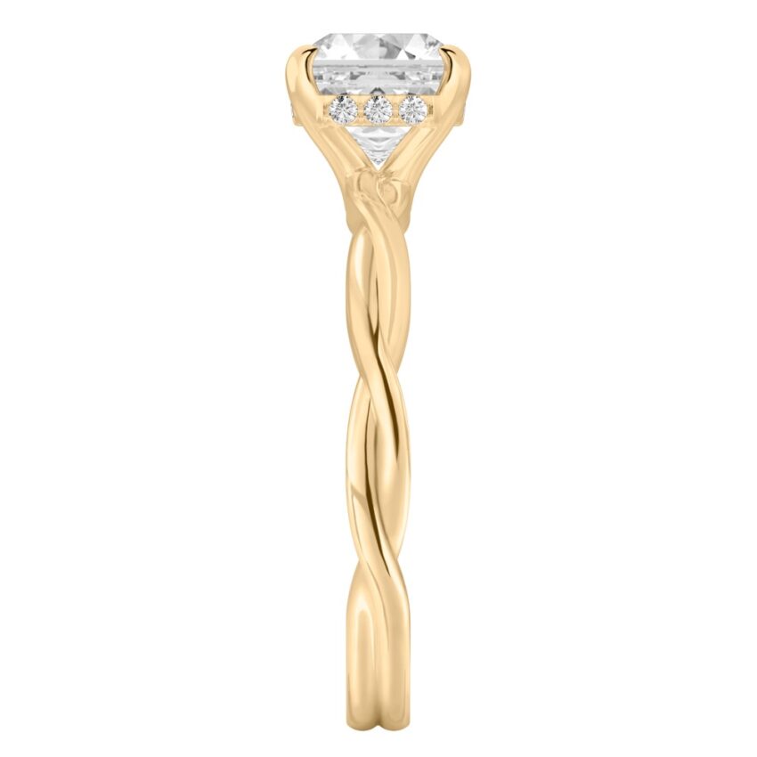 Side view of asscher cut diamond twisted hidden halo engagement ring in yellow gold
