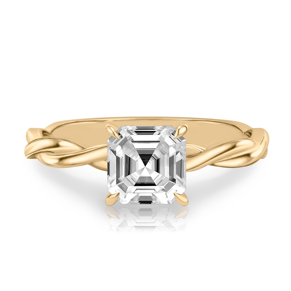 asscher cut diamond twisted hidden halo engagement ring in yellow gold