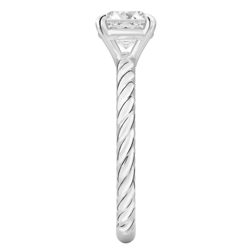 Side view of asscher cut diamond twisted rope engagement ring in platinum