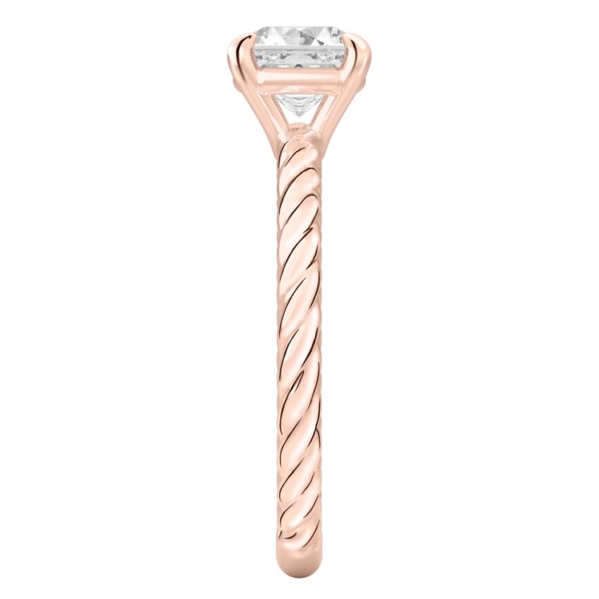 Side view of asscher cut diamond twisted rope engagement ring in rose gold