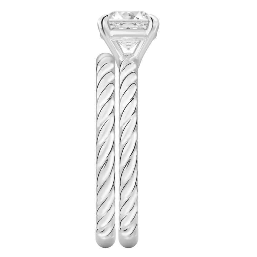 Side view of asscher cut diamond twisted rope engagement ring set palladium