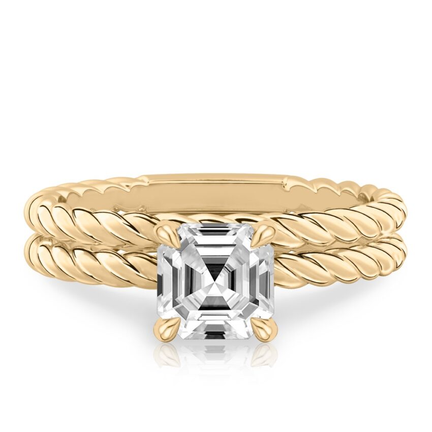 asscher cut diamond twisted rope engagement ring set yellow gold