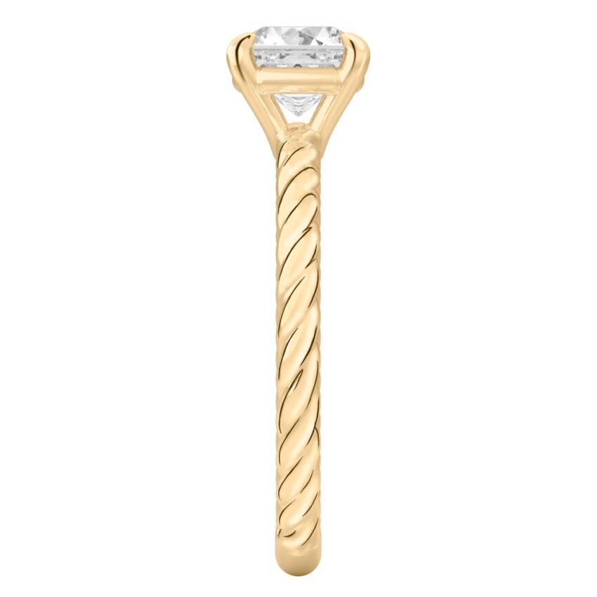 Side view of asscher cut diamond twisted rope engagement ring in yellow gold