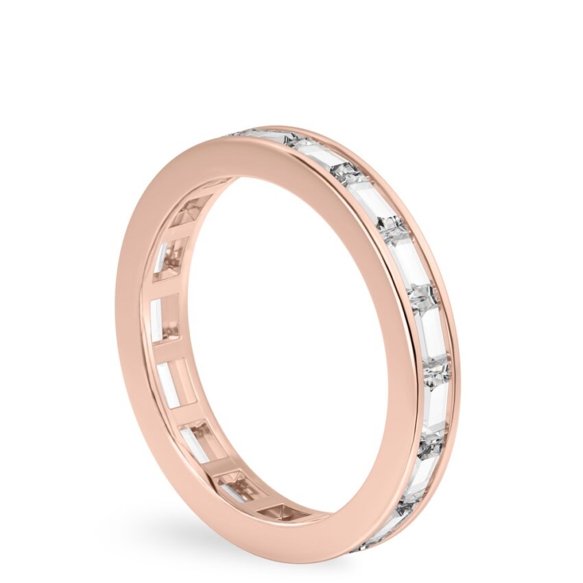 Angle view of baguette eternity band rose gold