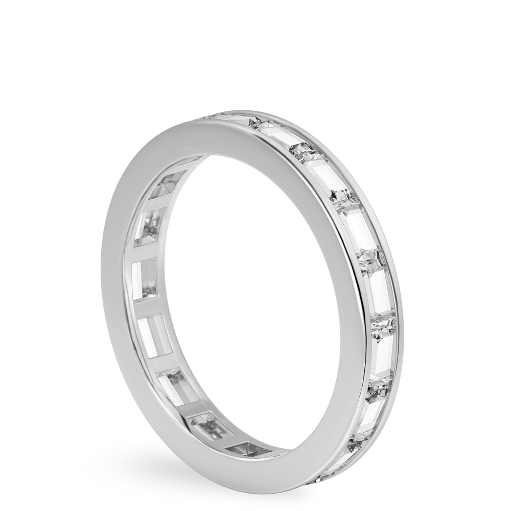 Angle view of baguette eternity band white gold