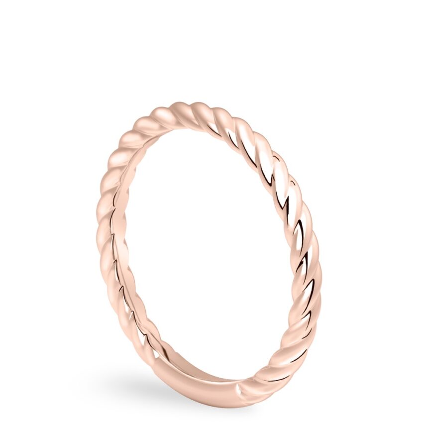 Angle view of cable wedding ring in rose gold