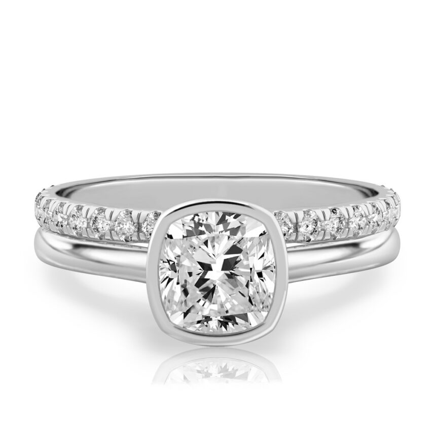 cushion cut diamond bezel engagement ring set white gold