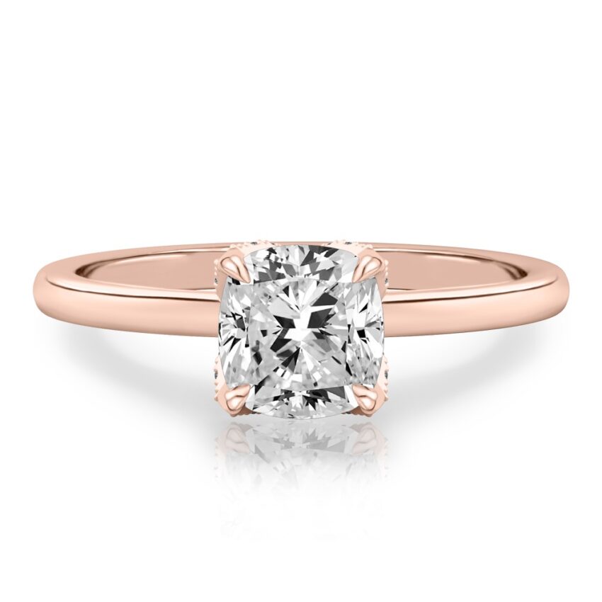 cushion cut diamond pave petal prong engagement ring in rose gold