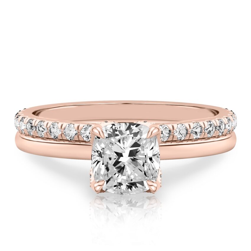 cushion cut diamond pave petal prong engagement ring set rose gold