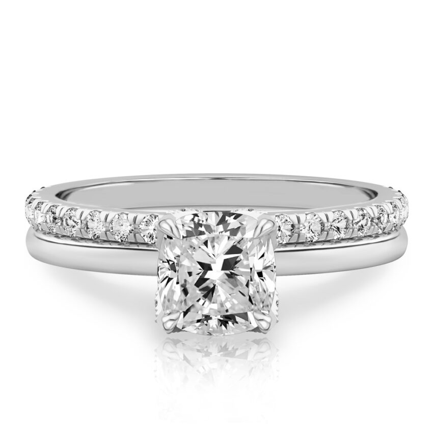 cushion cut diamond pave petal prong engagement ring set white gold