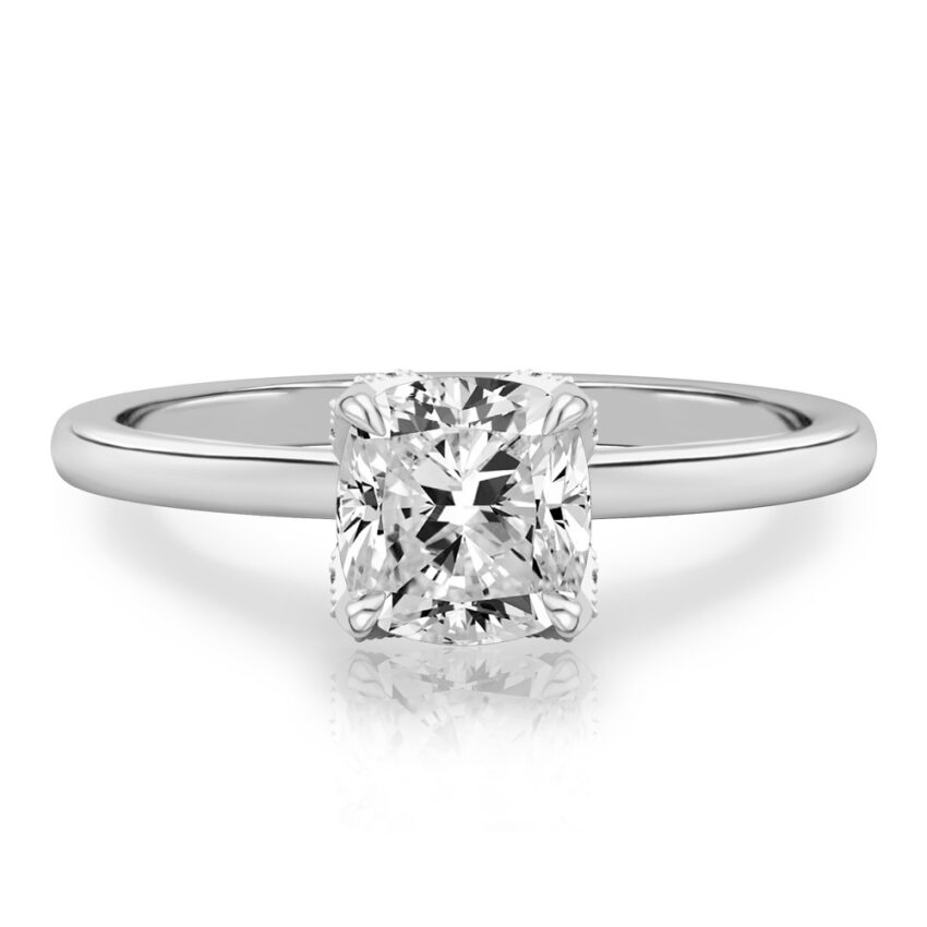 cushion cut diamond pave petal prong engagement ring in white gold
