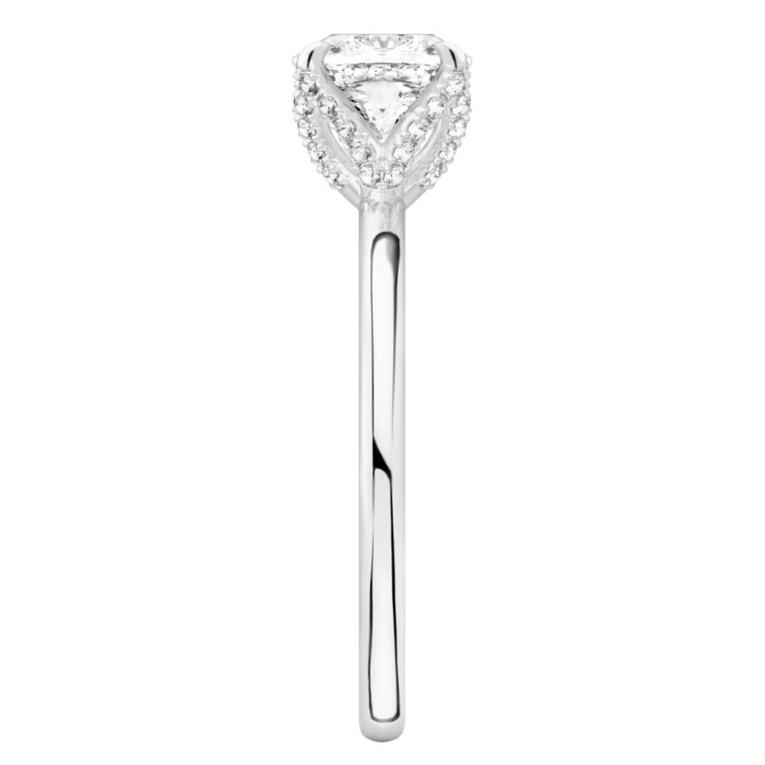 Side view of cushion cut diamond pave petal prong engagement ring in white gold