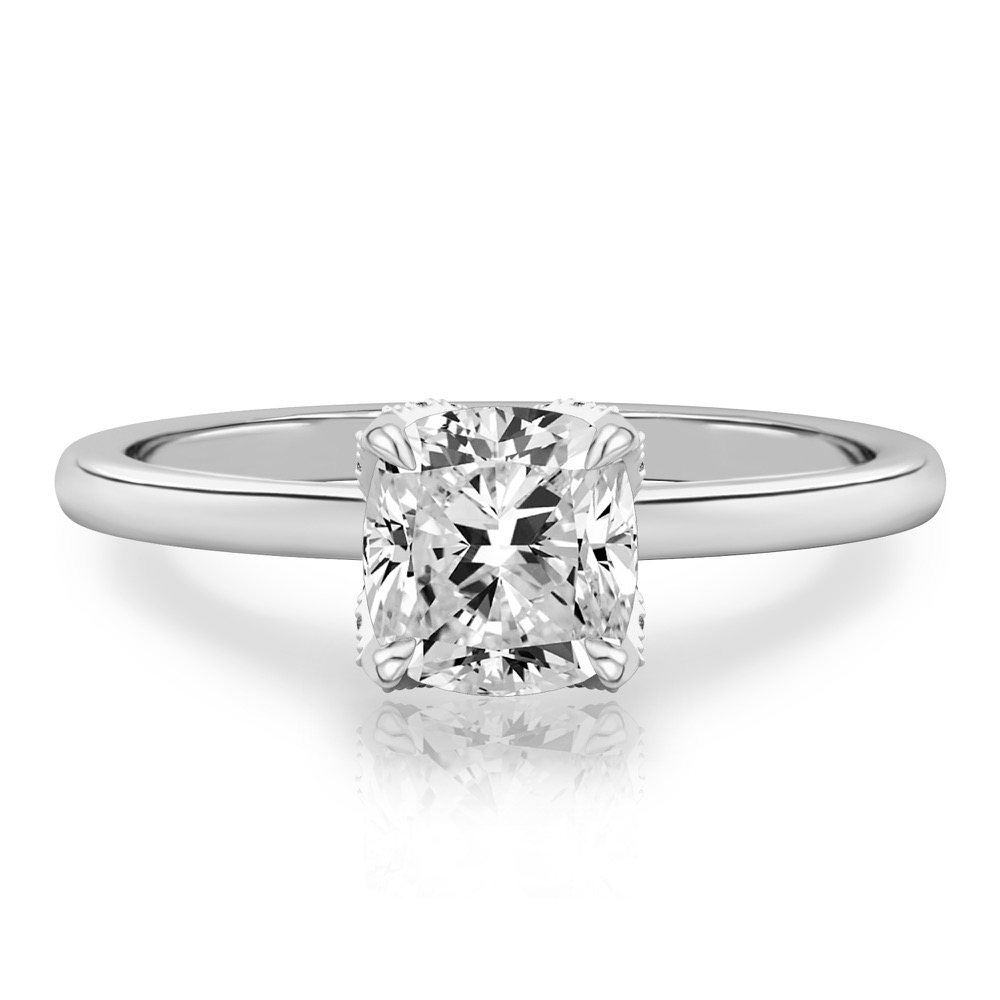 cushion cut diamond pave petal prong engagement ring in white gold