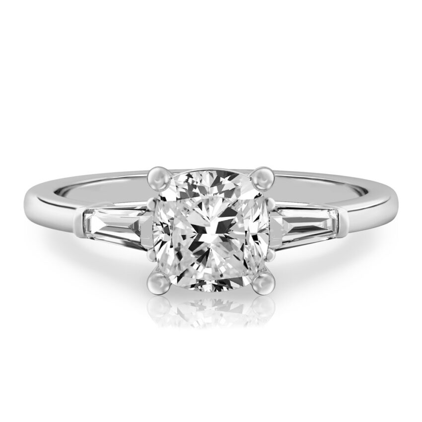 cushion cut diamond tapered baguette engagement ring in platinum
