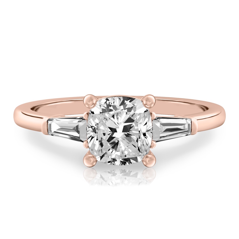 cushion cut diamond tapered baguette engagement ring in rose gold