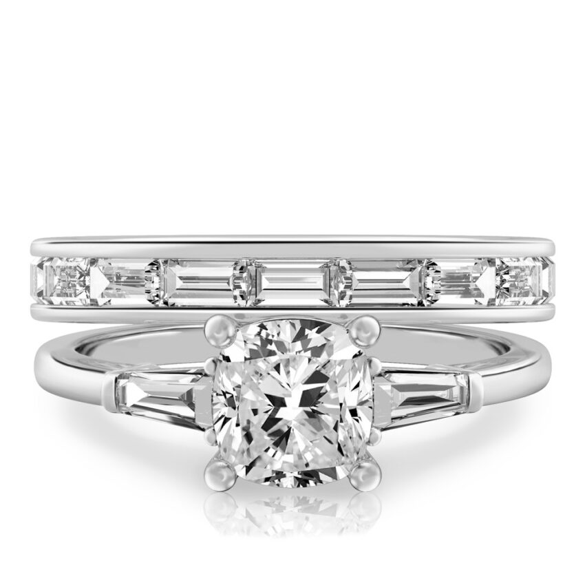 cushion cut diamond tapered baguette engagement ring set platinum