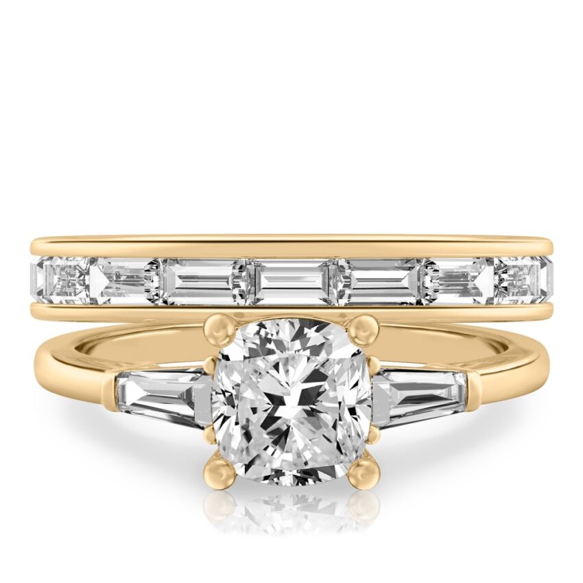 cushion cut diamond tapered baguette engagement ring set yellow gold