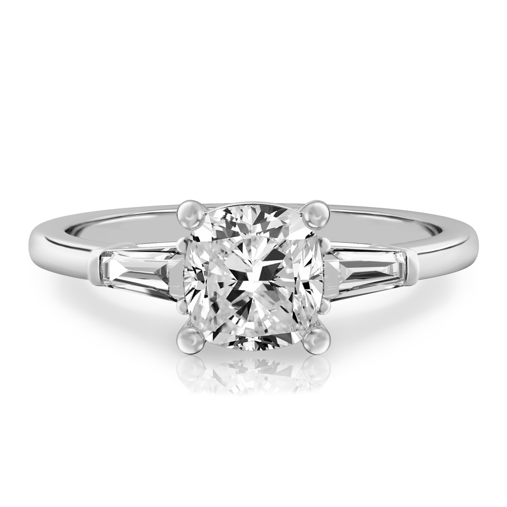 cushion cut diamond tapered baguette engagement ring in white gold