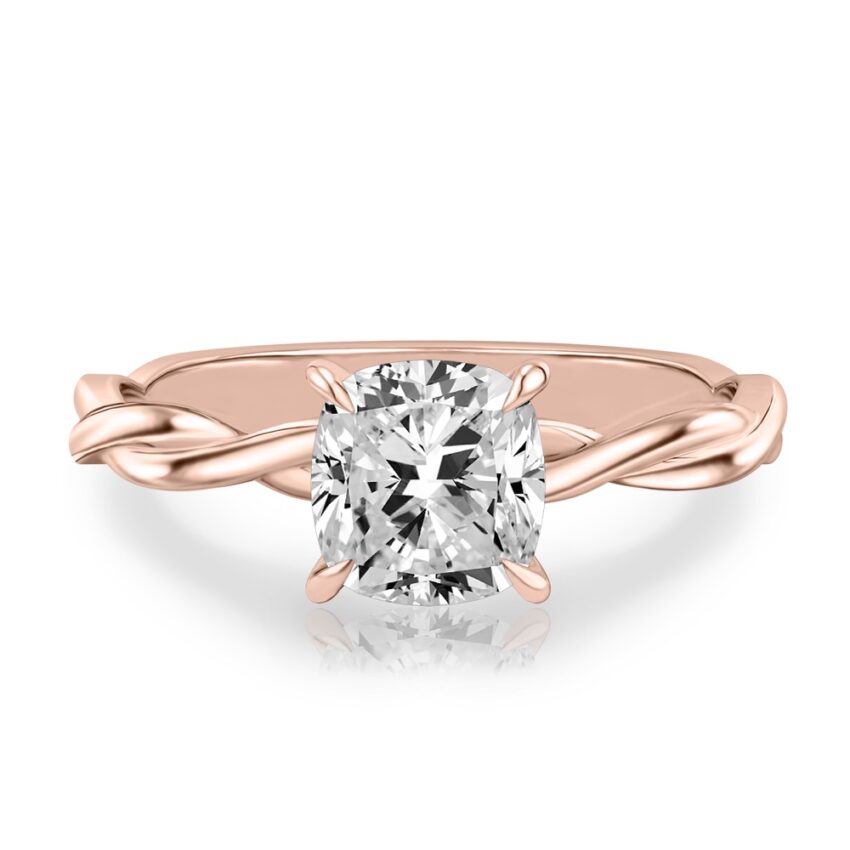cushion cut diamond twisted hidden halo engagement ring in rose gold