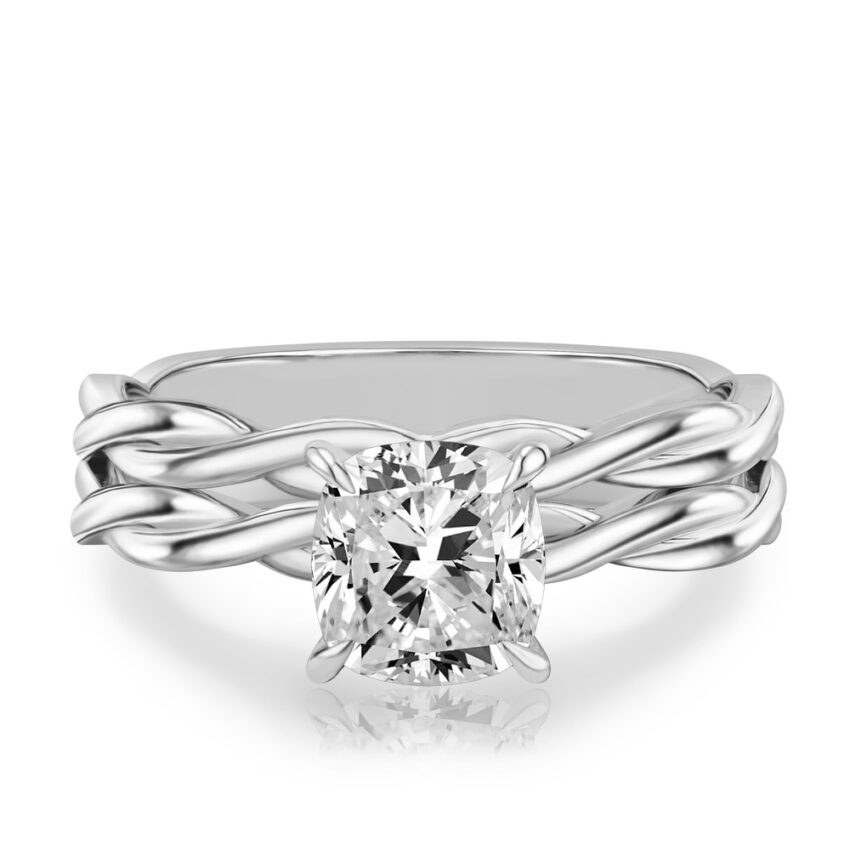 cushion cut diamond twisted hidden halo engagement ring set palladium
