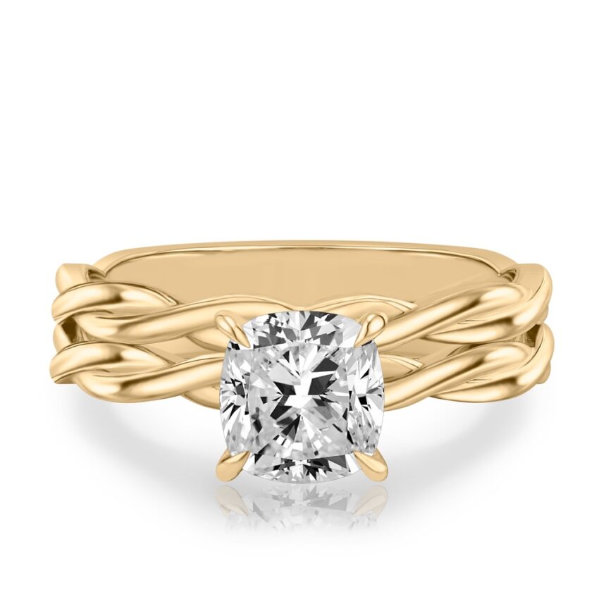 cushion cut diamond twisted hidden halo engagement ring set yellow gold