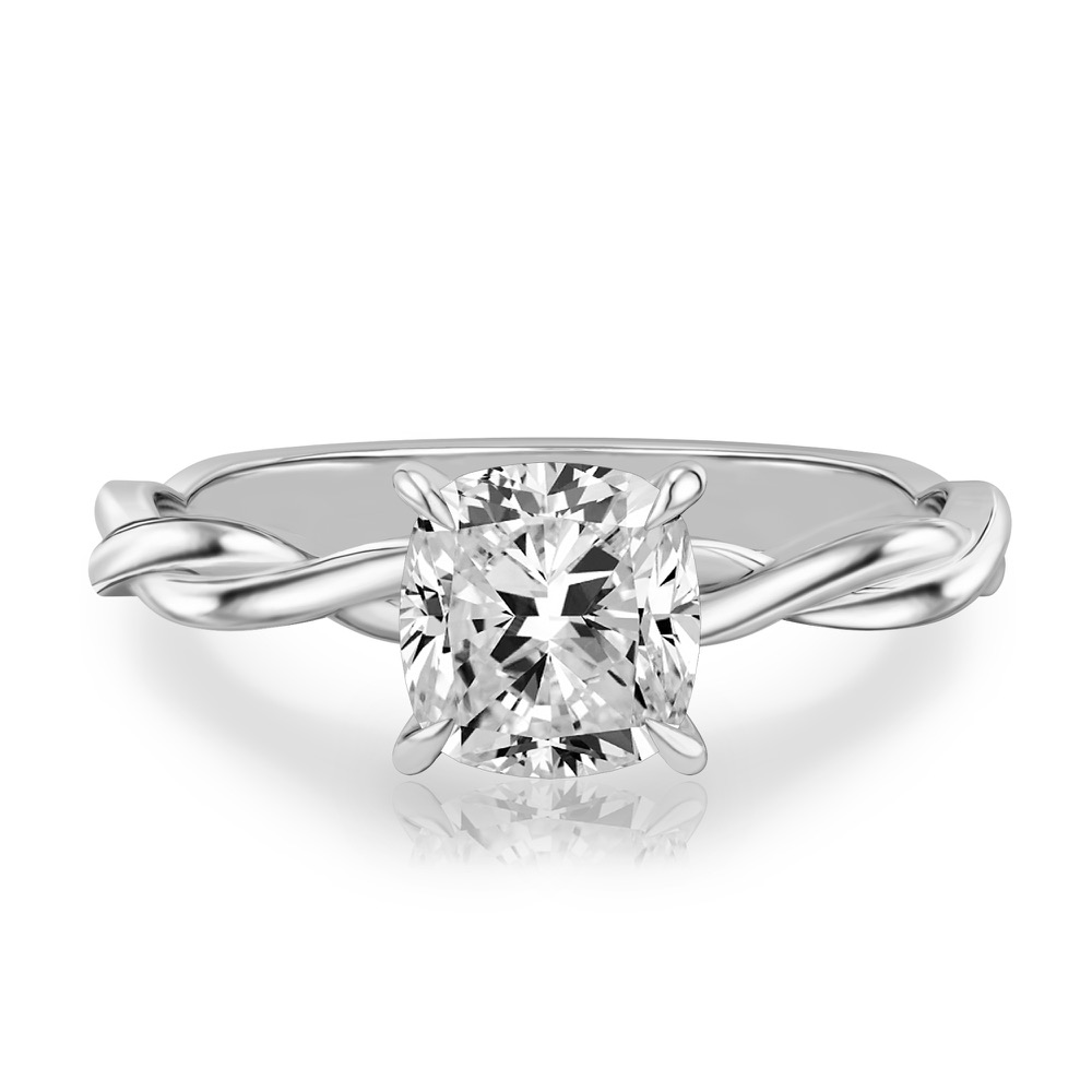 cushion cut diamond twisted hidden halo engagement ring in white gold