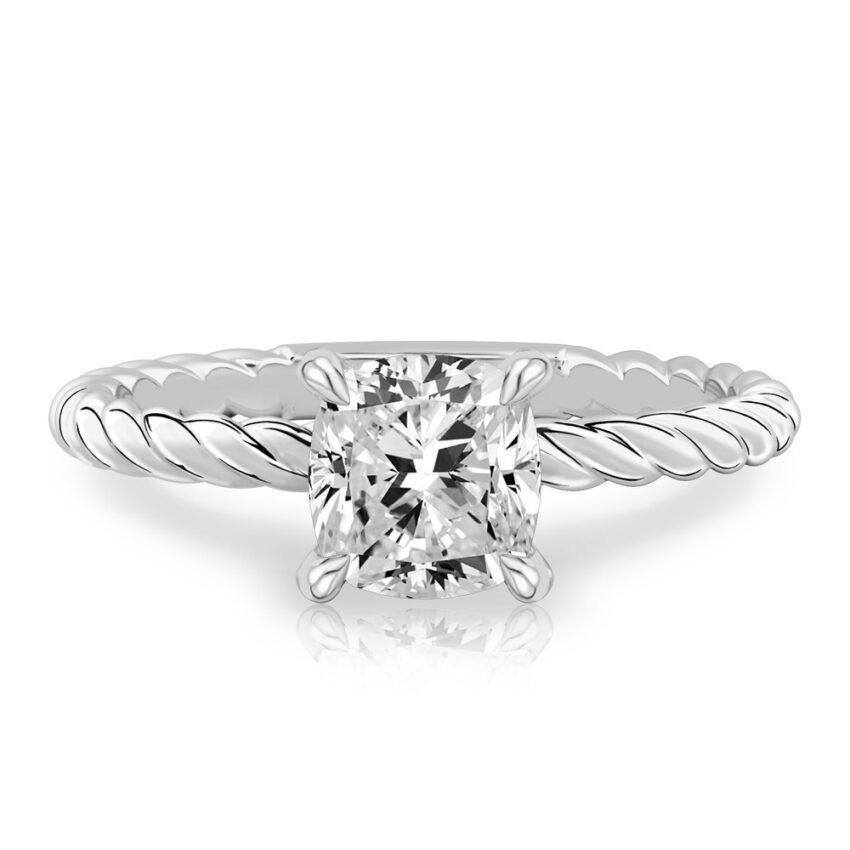 cushion cut diamond twisted rope engagement ring in palladium