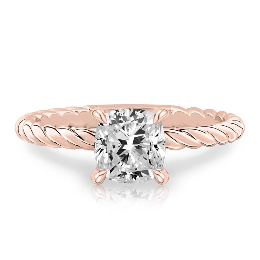 cushion cut diamond twisted rope engagement ring in rose gold
