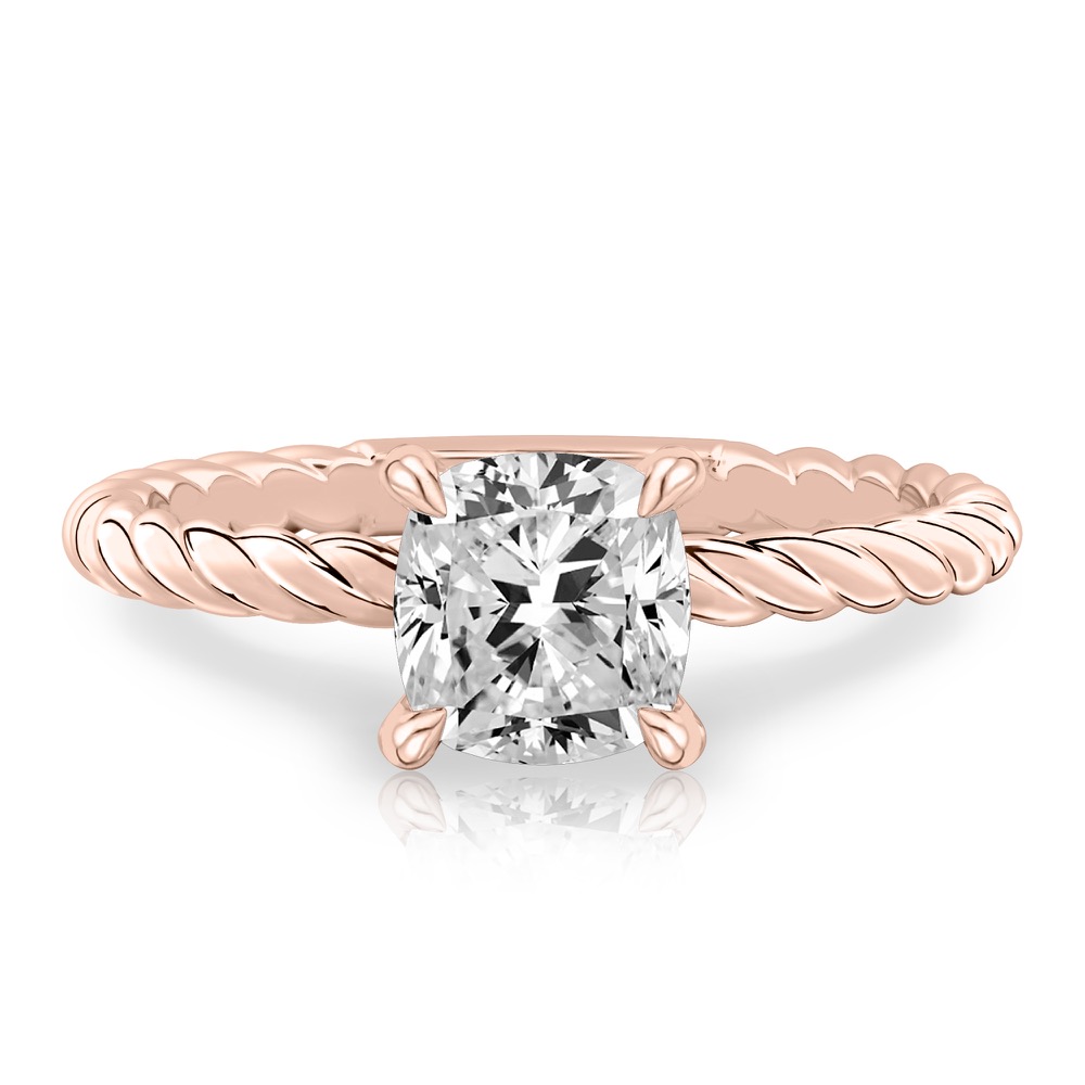 cushion cut diamond twisted rope engagement ring in rose gold