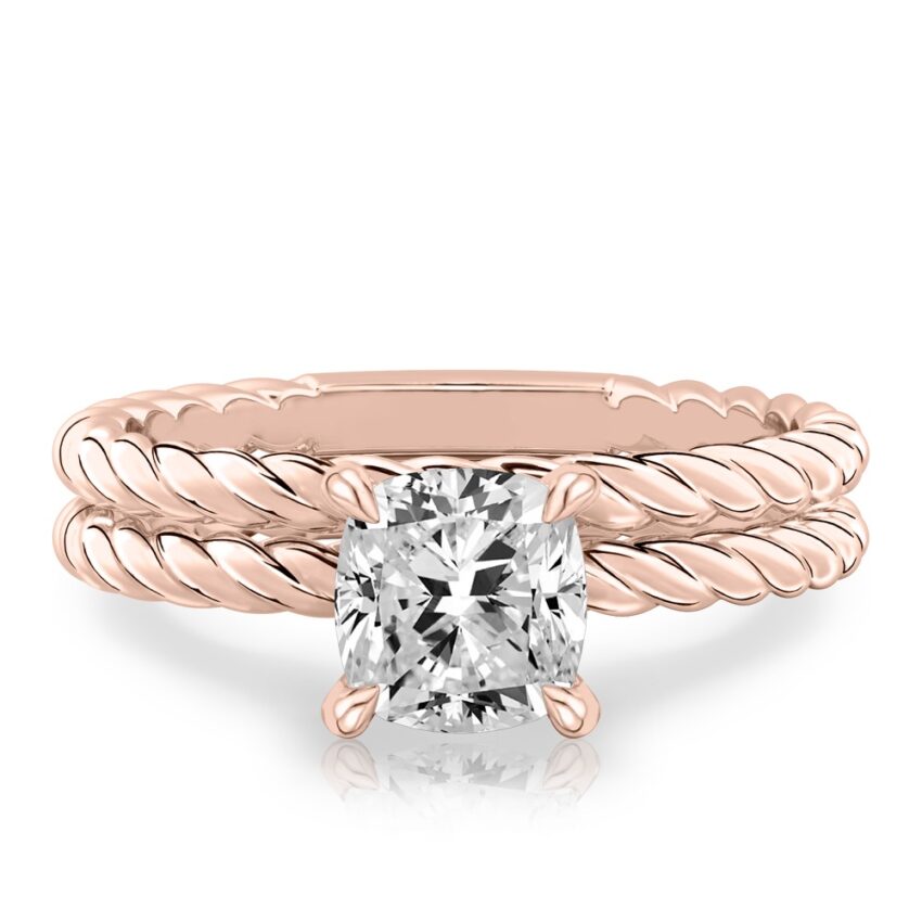 cushion cut diamond twisted rope engagement ring set rose gold