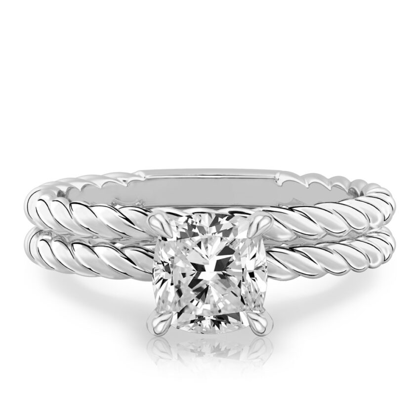cushion cut diamond twisted rope engagement ring set white gold
